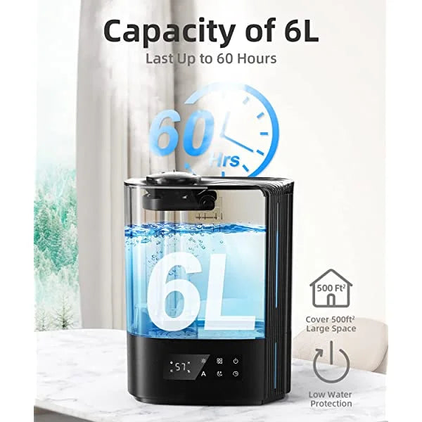 BREEZOME 6L Humidifiers MG07JS for Bedroom Large Room & Essential Oil Diffuser, Ultrasonic Top Fill Cool Mist Humidifiers for Baby, Plants, Nursery Last up to 60 Hours, Smart Humidistat Control, Quiet, Black