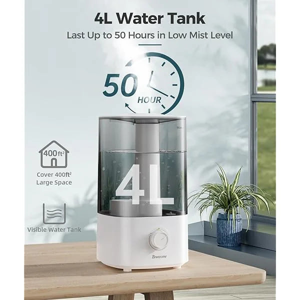 BREEZOME 4L Humidifiers MG03JS for Bedroom, Top Fill Cool Mist Ultrasonic Humidifiers for Baby, Plants, Nursery, Humidifiers for Large Room Last up to 50 Hours