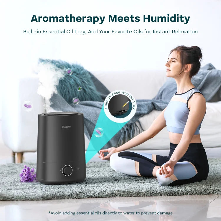 BREEZOME 5L Cool Mist Humidifier for Bedroom, Ultrasonic Top-Fill Humidifier with Essential Oil Diffuser, 360° Nozzle, Auto Shut-Off & 50H Runtime – Quiet Large Room Humidifier for Home, Baby & Plants