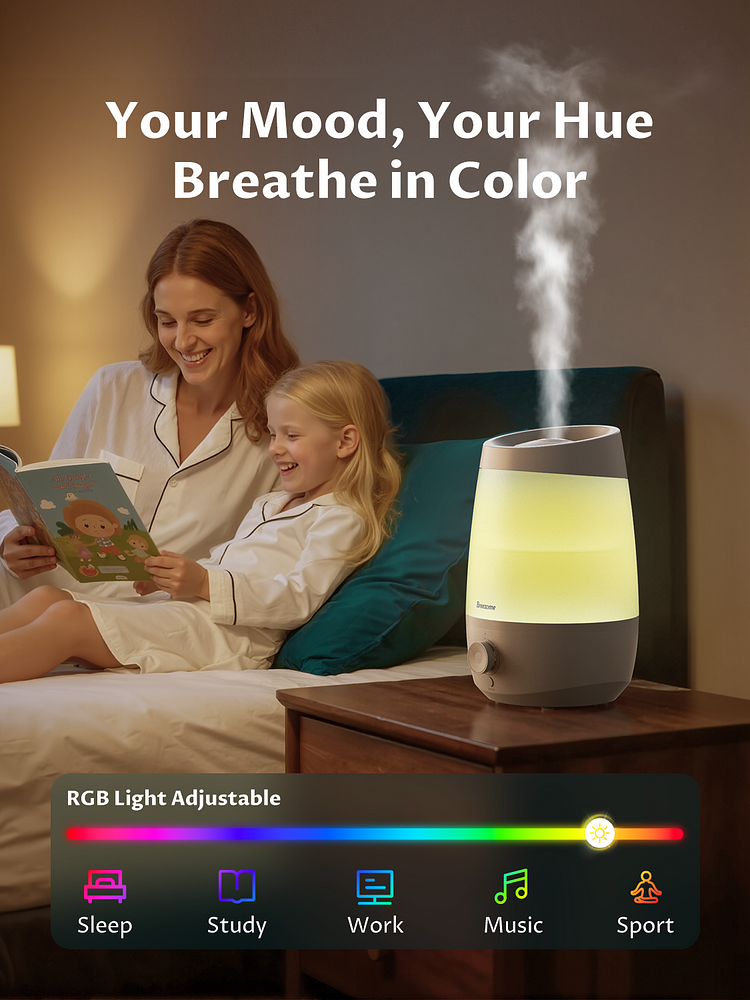 BREEZOME 2.5L Humidifier for Bedroom, 250ml/h Cool Mist, 25-Hour Runtime, Essential Oil Diffuser, Auto Shut-Off & 25dB Ultra-Quiet Operation, Perfect for Nurseries, Indoor Plants & Home