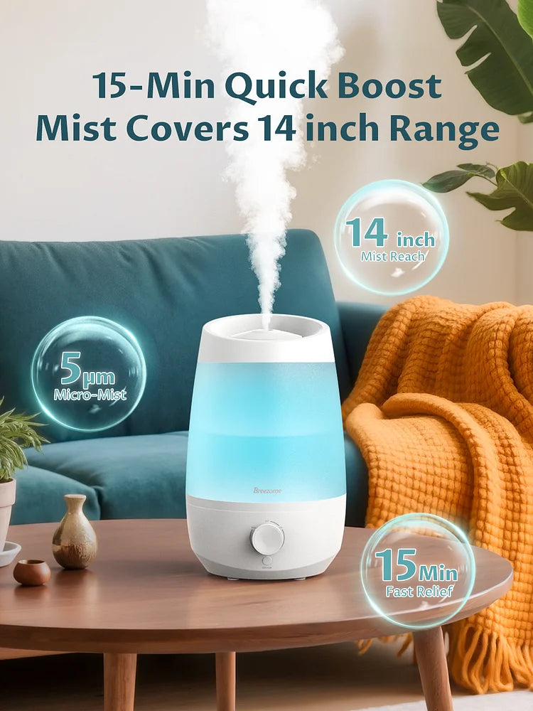 BREEZOME 2.5L Humidifier for Bedroom, 250ml/h Cool Mist, 25-Hour Runtime, Essential Oil Diffuser, Auto Shut-Off & 25dB Ultra-Quiet Operation, Perfect for Nurseries, Indoor Plants & Home