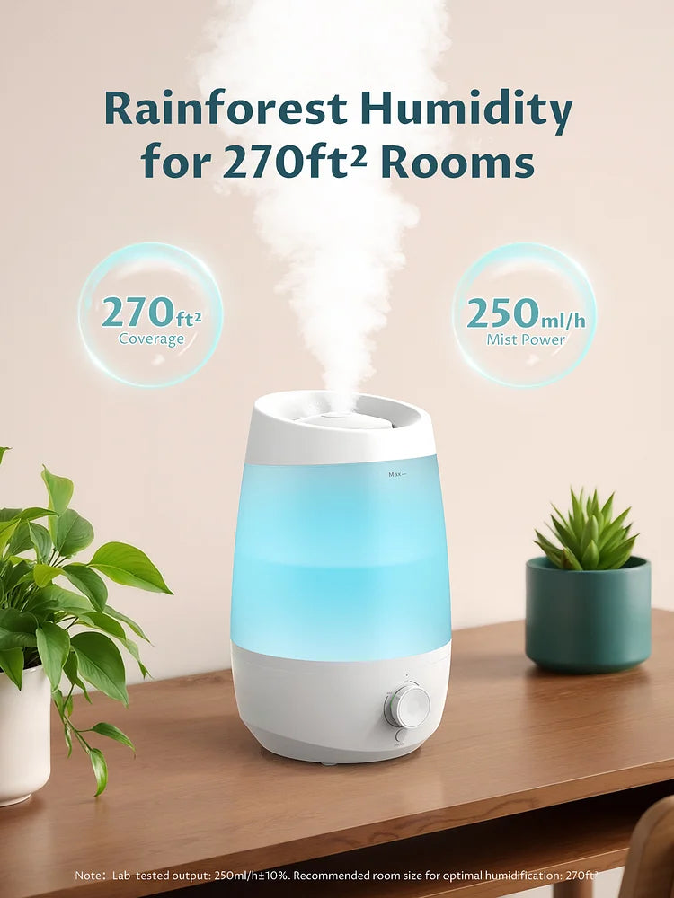 BREEZOME 2.5L Humidifier for Bedroom, 250ml/h Cool Mist, 25-Hour Runtime, Essential Oil Diffuser, Auto Shut-Off & 25dB Ultra-Quiet Operation, Perfect for Nurseries, Indoor Plants & Home