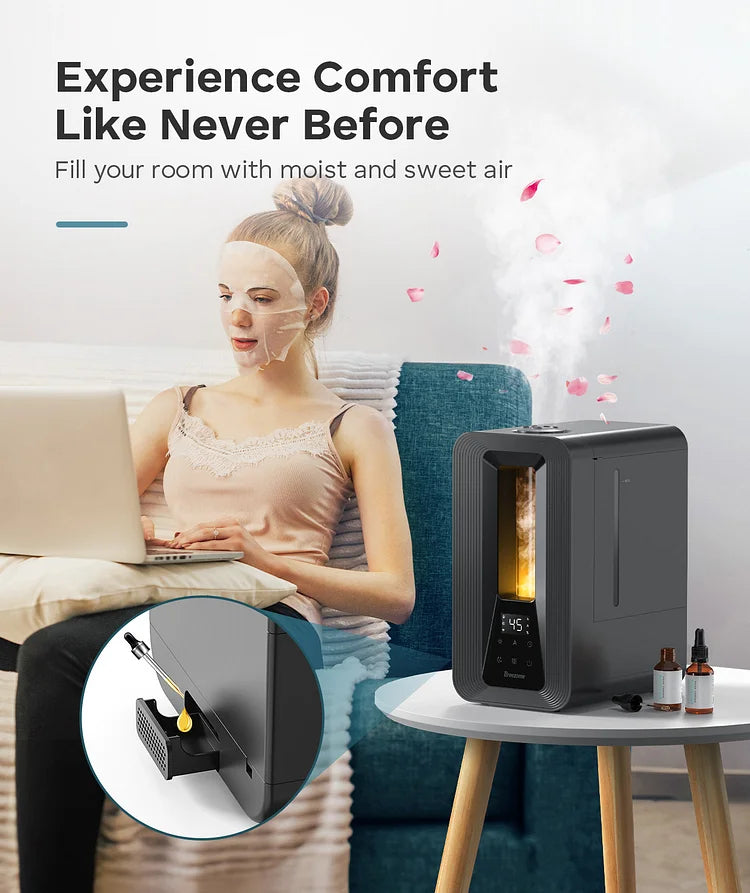 BREEZOME 6L Cool Mist Humidifier for Bedroom, Top Fill Ultrasonic Humidifier with Humidistat, Essential Oil Diffuser, Night Light & 60H Runtime, Quiet Large Room Humidifier for Home, Office & Plants