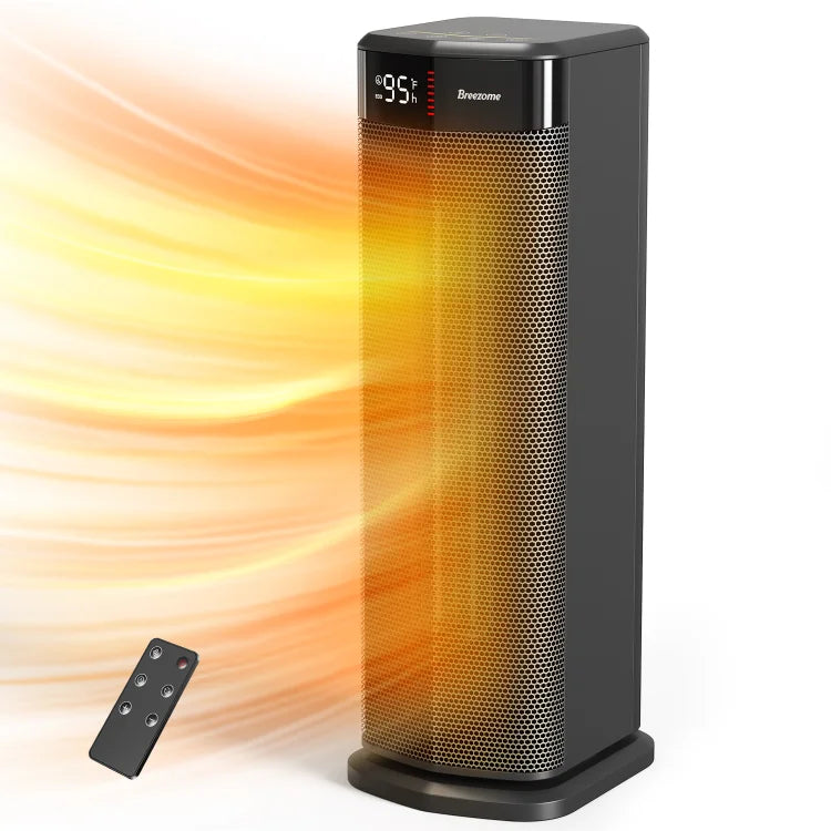 BREEZOME Space Heater MG26QN for Indoor Use, 1500W Fast Heating Electric Heater with Thermostat, 90°Oscillating PTC Ceramic Heater with Remote, 24H Timer Portable Room Heater for Home Office Bedroom Black