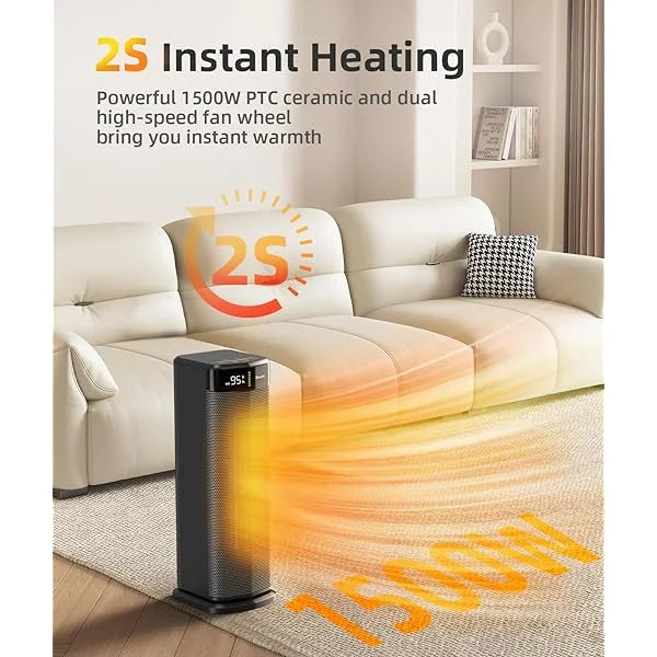 BREEZOME Space Heater MG26QN for Indoor Use, 1500W Fast Heating Electric Heater with Thermostat, 90°Oscillating PTC Ceramic Heater with Remote, 24H Timer Portable Room Heater for Home Office Bedroom Black