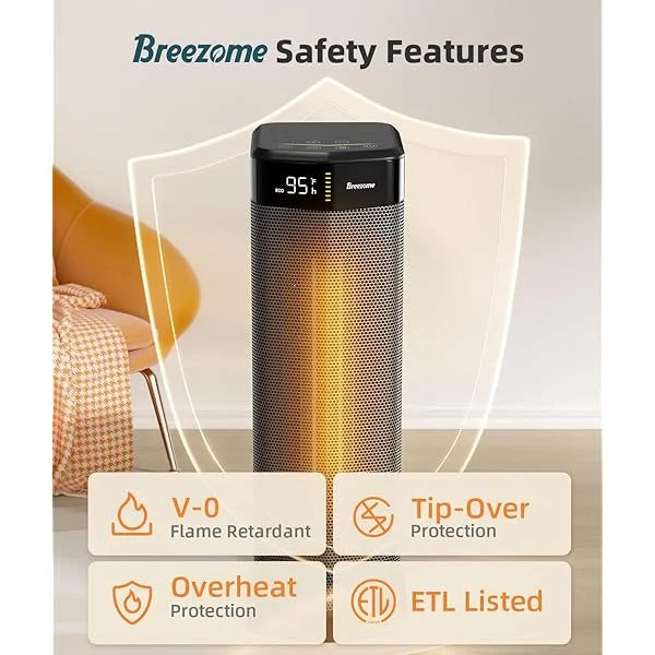 BREEZOME Space Heater MG26QN for Indoor Use, 1500W Fast Heating Electric Heater with Thermostat, 90°Oscillating PTC Ceramic Heater with Remote, 24H Timer Portable Room Heater for Home Office Bedroom Black