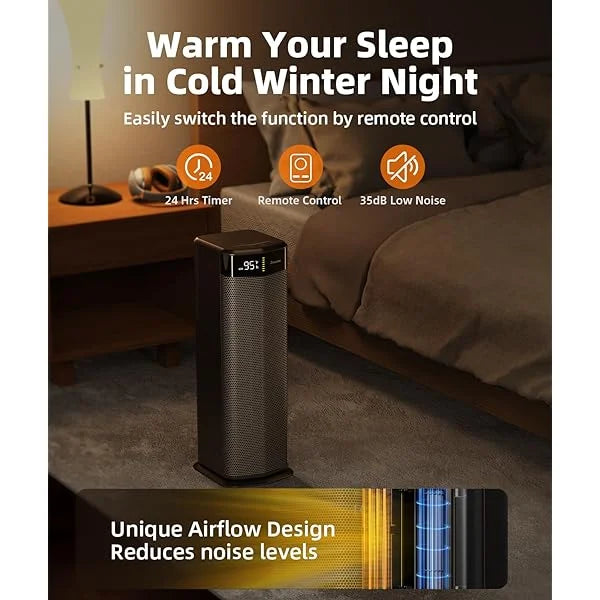 BREEZOME Space Heater MG26QN for Indoor Use, 1500W Fast Heating Electric Heater with Thermostat, 90°Oscillating PTC Ceramic Heater with Remote, 24H Timer Portable Room Heater for Home Office Bedroom Black