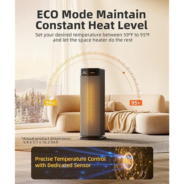 BREEZOME Space Heater MG26QN for Indoor Use, 1500W Fast Heating Electric Heater with Thermostat, 90°Oscillating PTC Ceramic Heater with Remote, 24H Timer Portable Room Heater for Home Office Bedroom Black