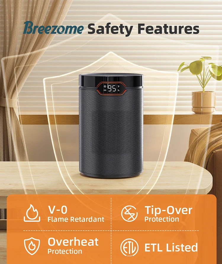 BREEZOME Space Heater, Portable Electric Heaters for Indoor Use with Thermostat & 24H Timer, 1500W PTC Ceramic Quiet Fast Heating Desk Heater, Safety Room Heaters for Home Bedroom Office