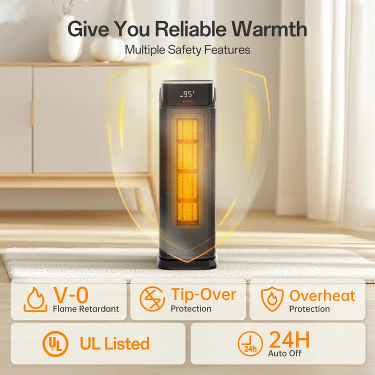 BREEZOME Space Heater Indoor, 1500W PTC Portable Electric Heaters for Home with Thermostat & 90° Oscillating, 24H Timer, Quiet Safety Ceramic Tower Heater with Remote for Bedroom Office